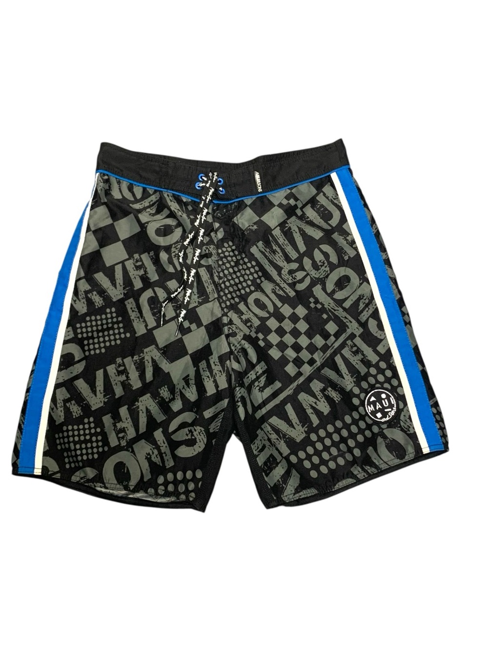 Maui & Sons Men's Black Graphic Swim Trunks Blue Side Stripes 32 Surf Pool Beach
